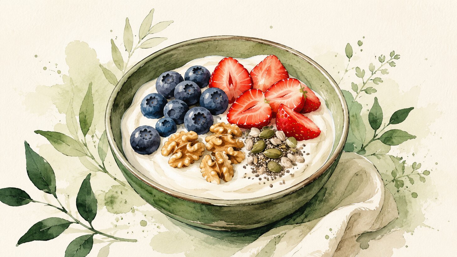 A breakfast bowl of yogurt with berries, walnuts, and seeds