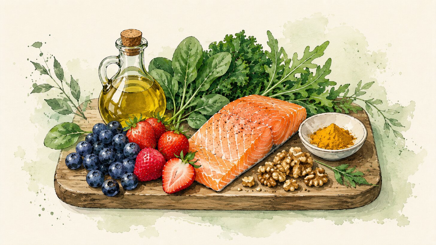 A board of whole foods including salmon, leafy greens, berries, walnuts, and olive oil