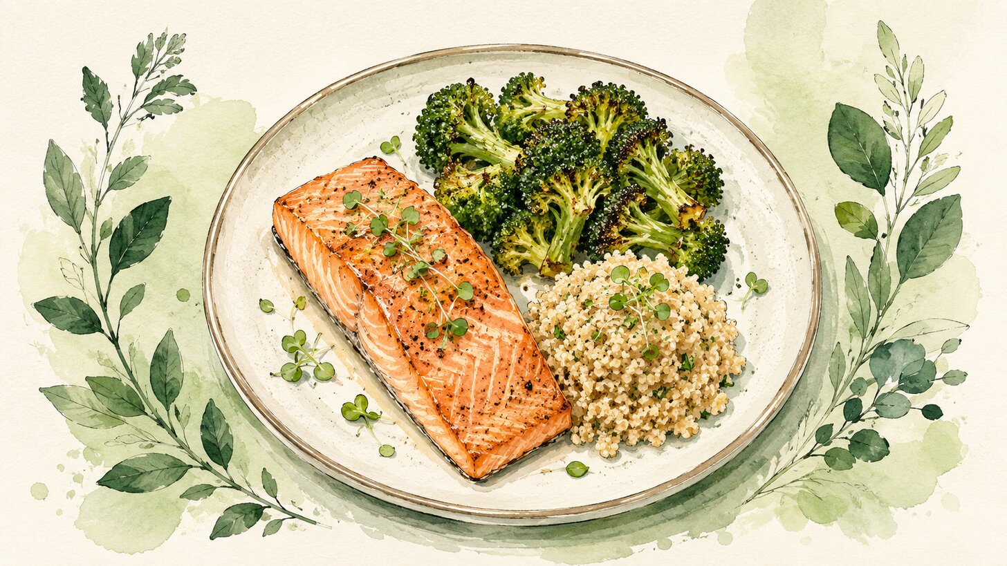 A balanced plate of salmon, roasted broccoli, grain, and a scatter of microgreens