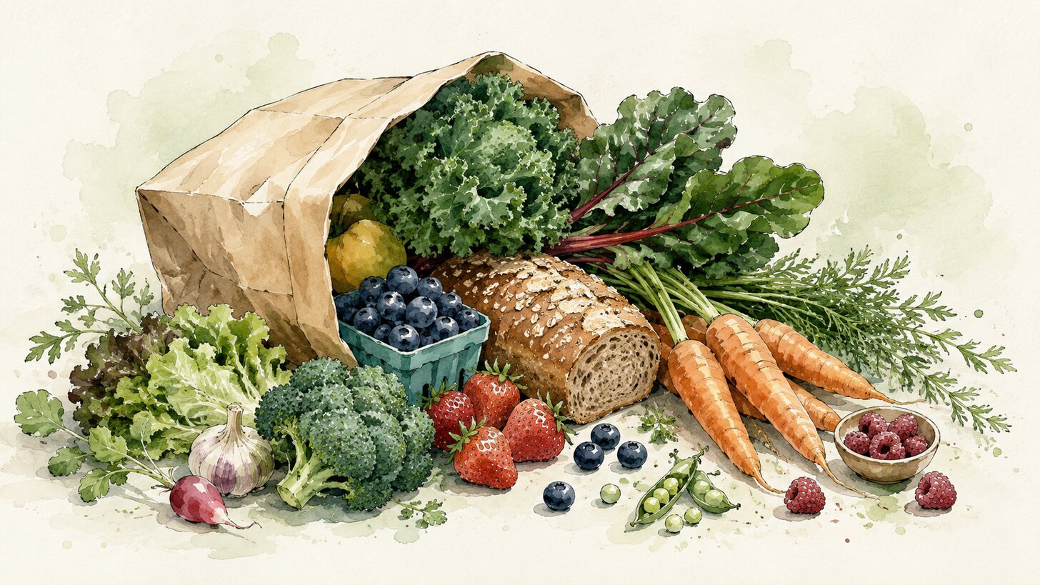 A paper grocery bag full of fresh produce, leafy greens, berries, carrots, and whole grain bread