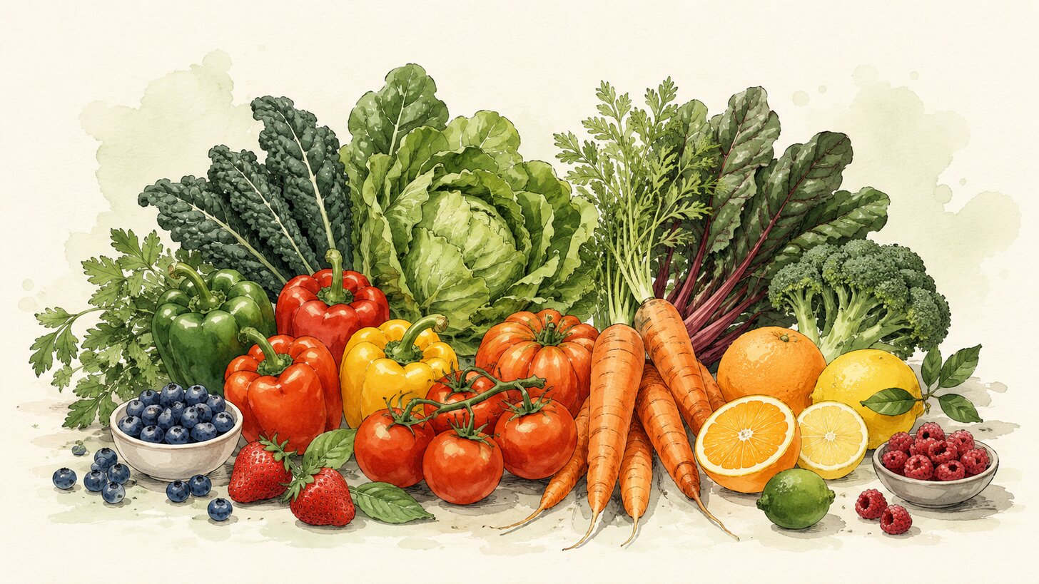 A colorful spread of fresh vegetables and fruit including greens, tomatoes, peppers, and berries