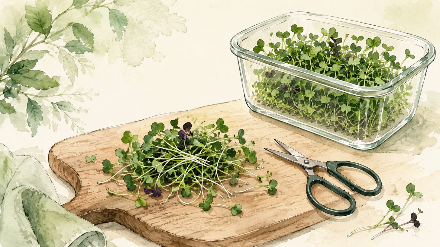 A handful of freshly cut microgreens on a wooden board beside scissors and a glass container