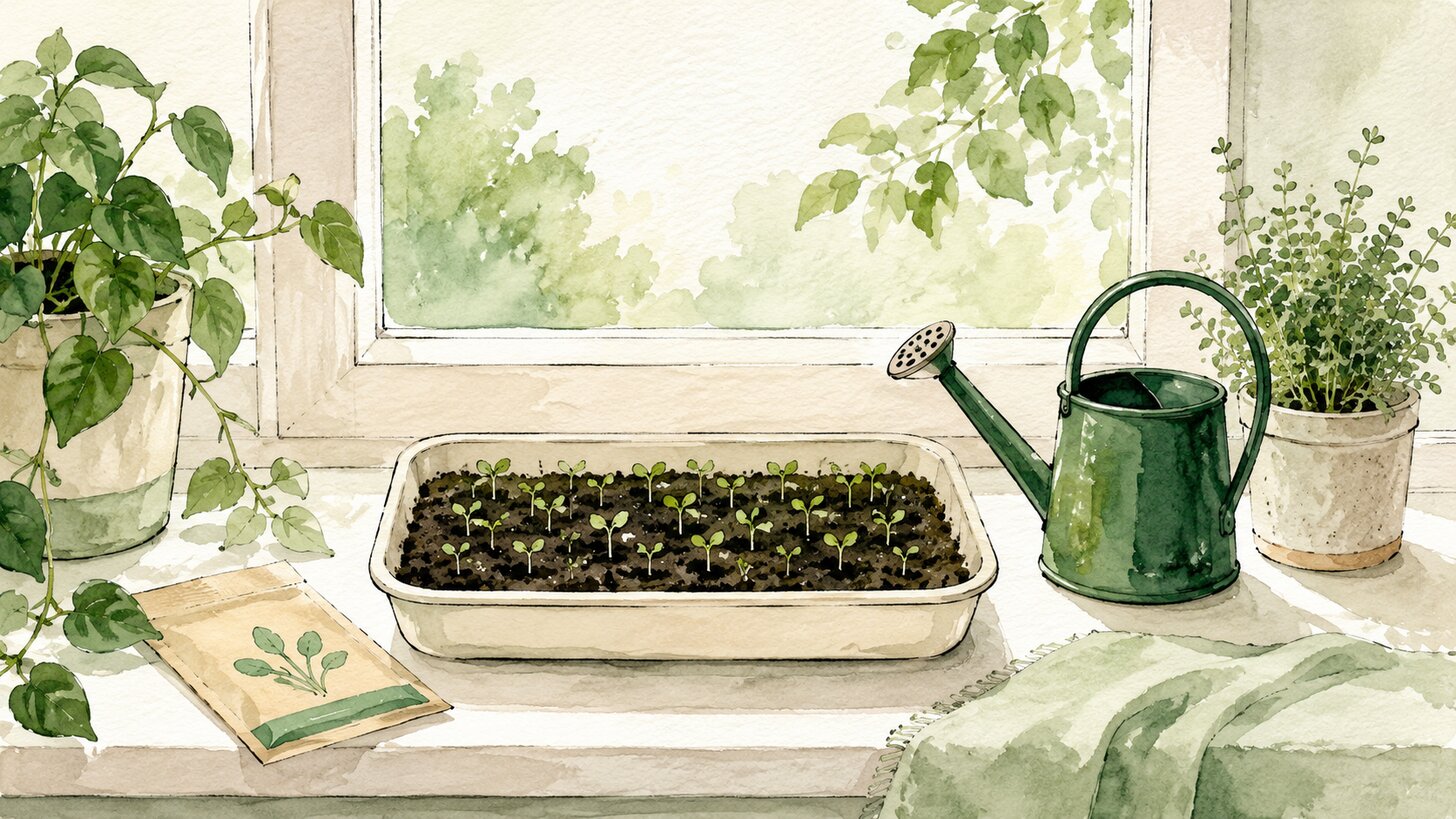 A sunny windowsill growing setup with a tray of sprouting greens, a seed packet, and a watering can