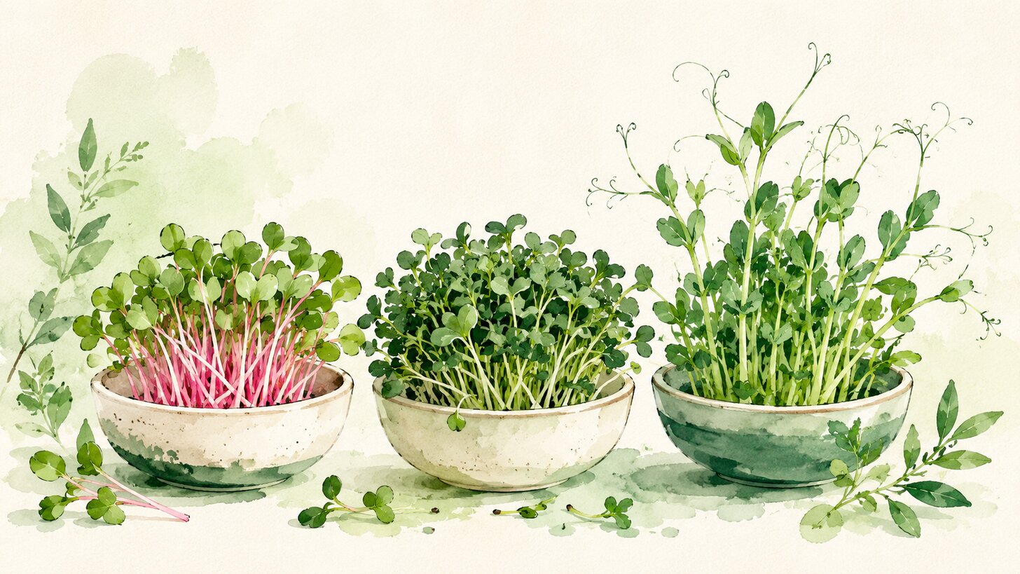 Three small bowls of beginner microgreens, pink stemmed radish, broccoli, and pea shoots
