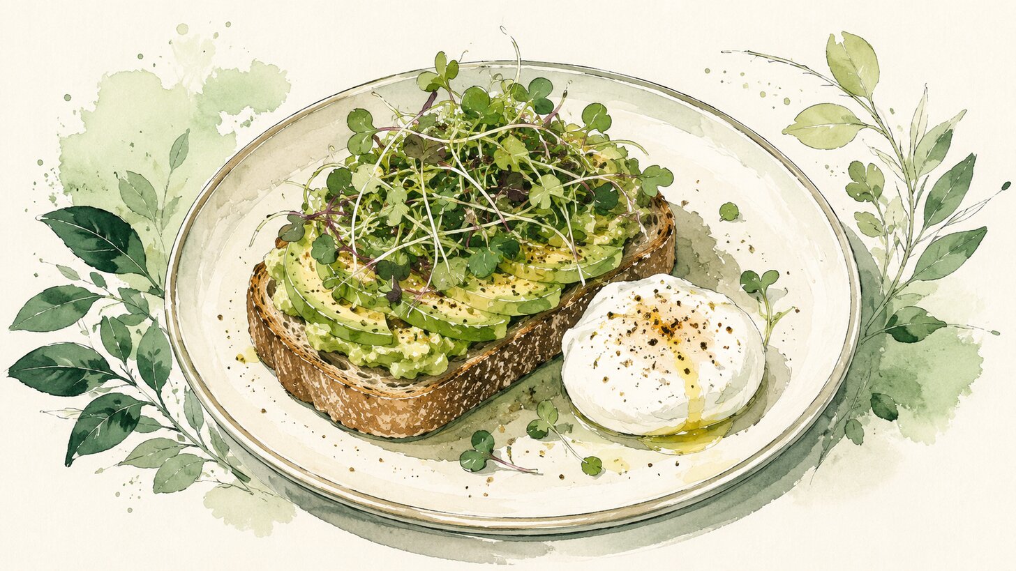 Watercolor illustration of avocado toast topped with microgreens and a poached egg