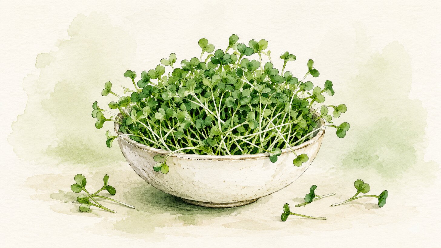 Watercolor illustration of a bowl of fresh green broccoli microgreens
