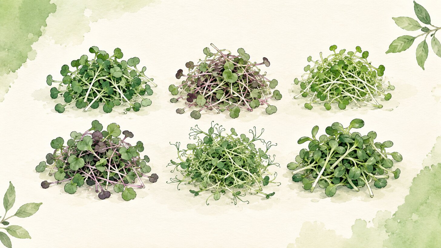 Watercolor illustration of several piles of different microgreens showing the variety of shapes and greens
