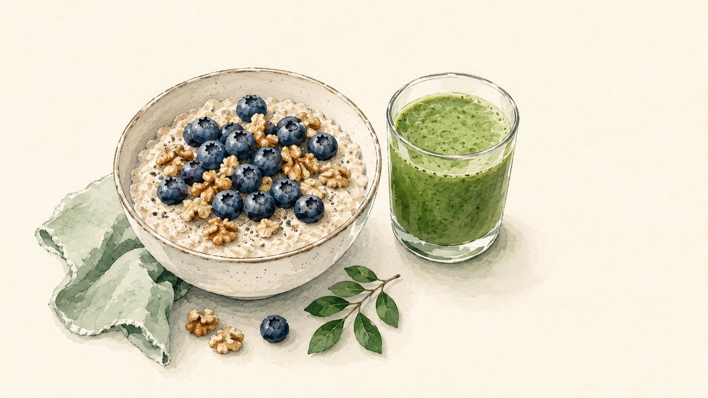 watercolor breakfast bowl of oats with blueberries beside a green smoothie