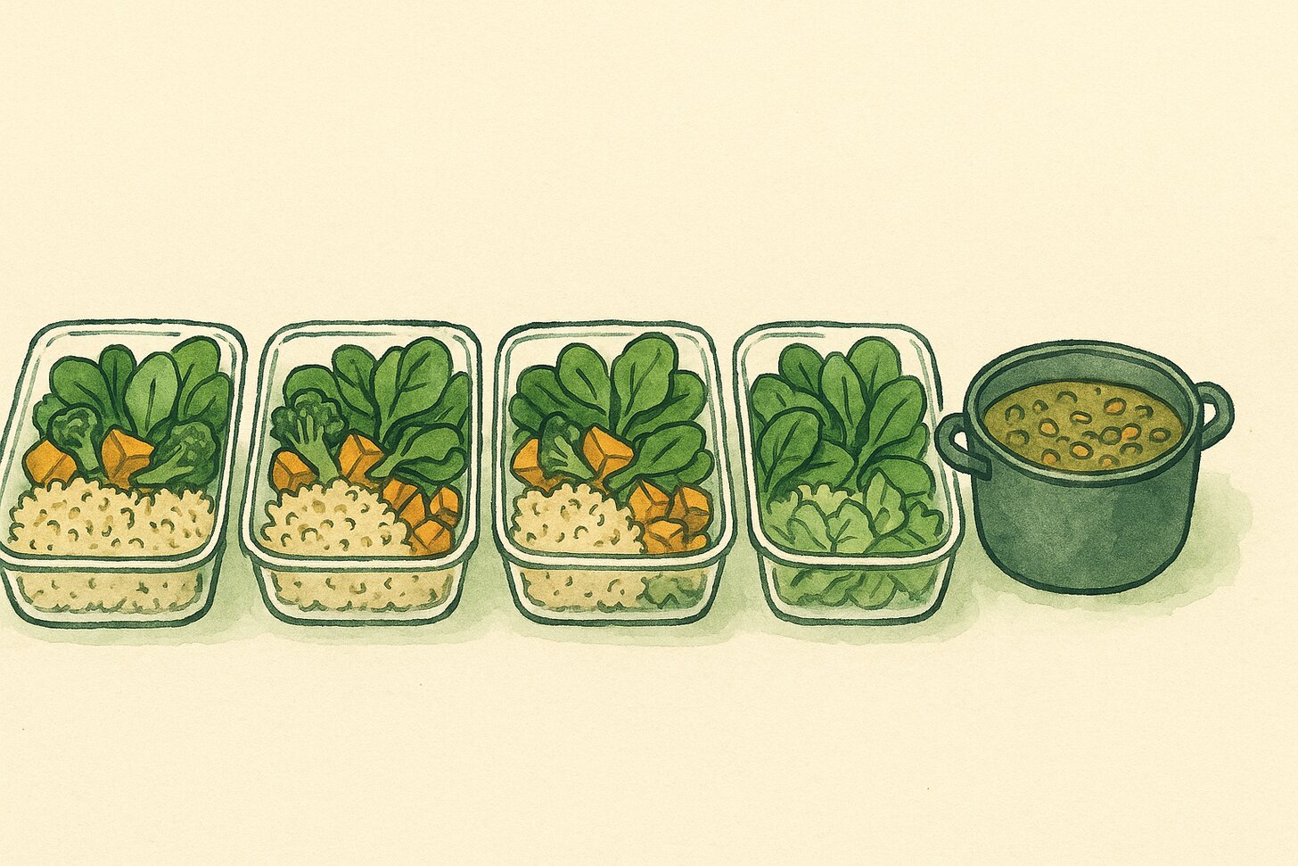watercolor row of meal prep containers with quinoa vegetables and a pot of soup