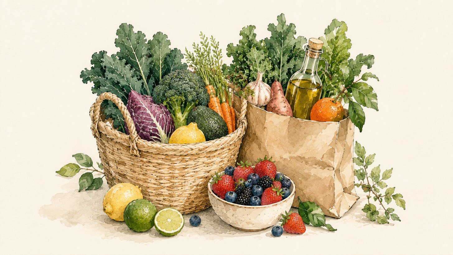 watercolor market basket full of fresh produce and a bottle of olive oil