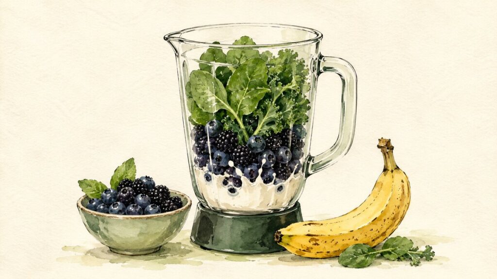 A blender pitcher filled with berries, leafy greens, milk, and a banana