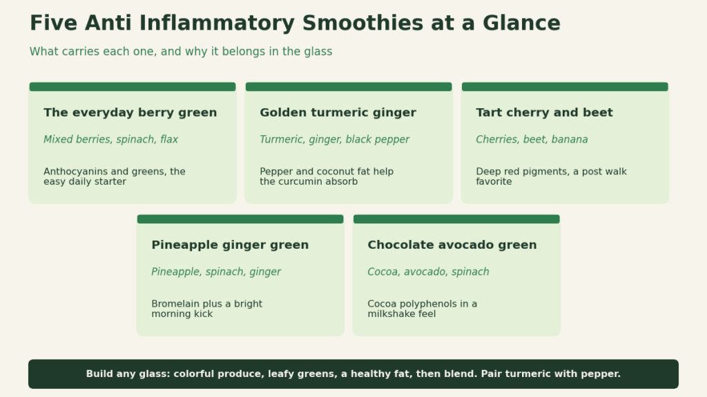 A chart of five anti inflammatory smoothies and their key ingredients