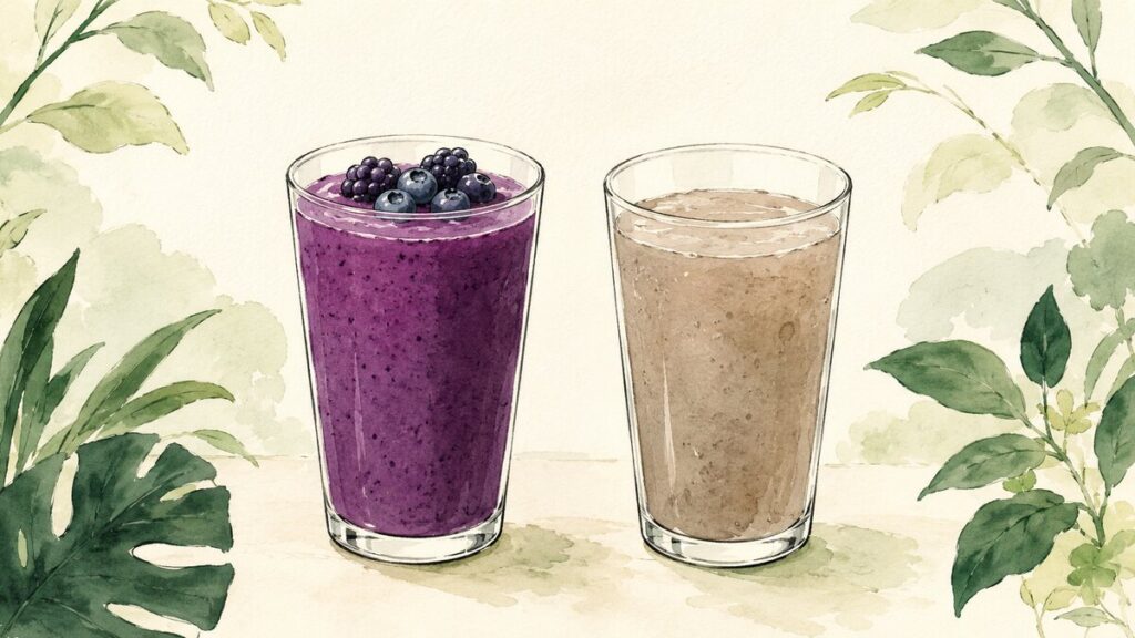 A vibrant fresh purple smoothie beside a dull watery one