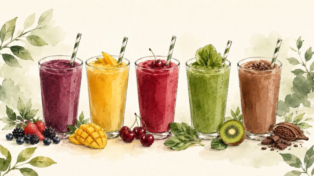 Five smoothies in berry, mango, cherry, green, and cocoa colors