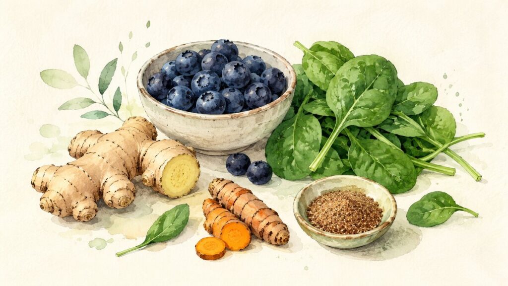 Blueberries, spinach, ginger, turmeric, and ground flaxseed for a smoothie