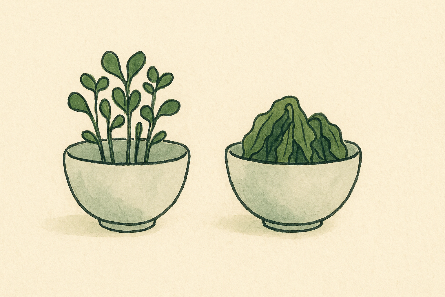 two bowls side by side, one with fresh microgreens and one with wilted greens