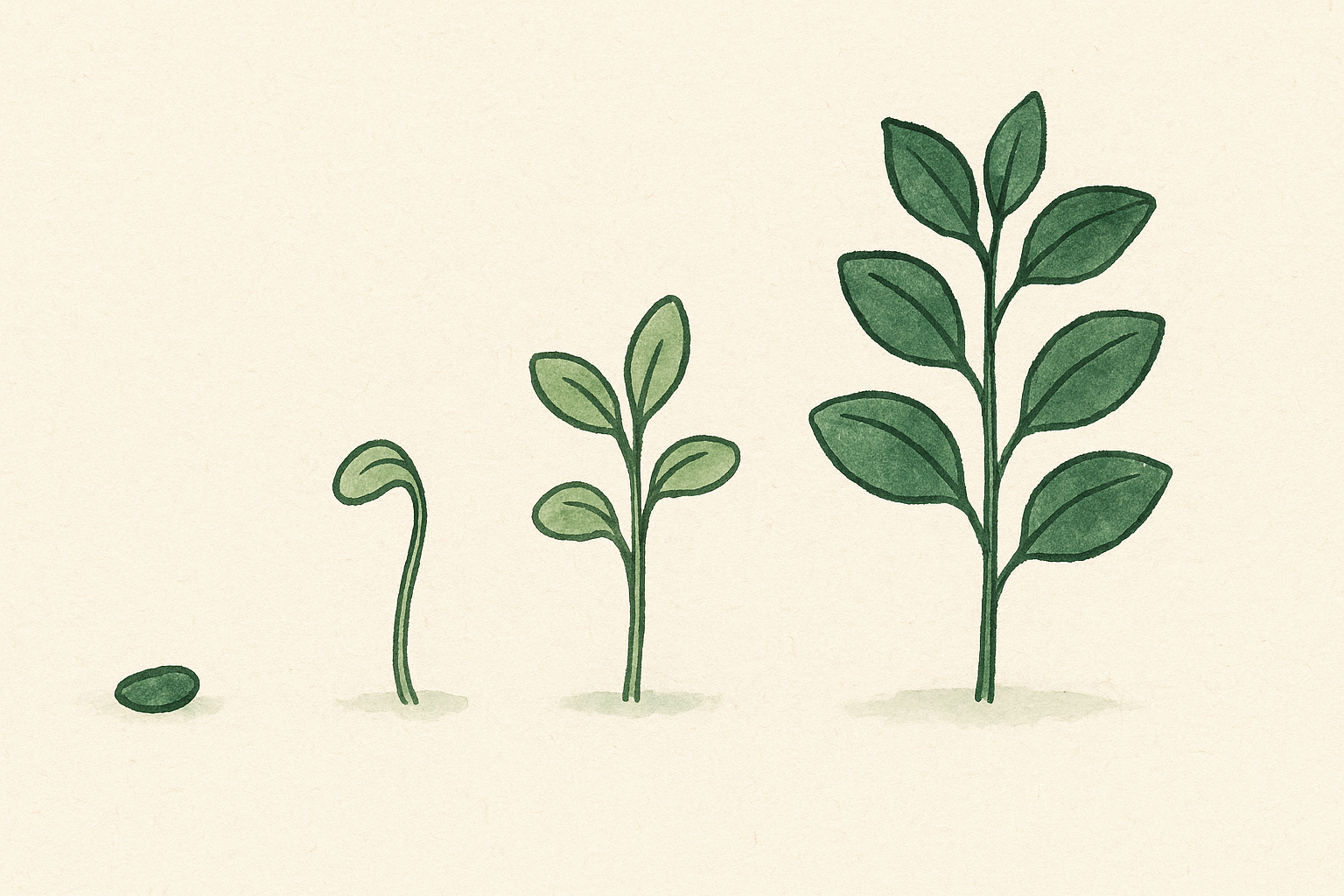 a seed sprouting and growing into a taller fuller mature leafy plant