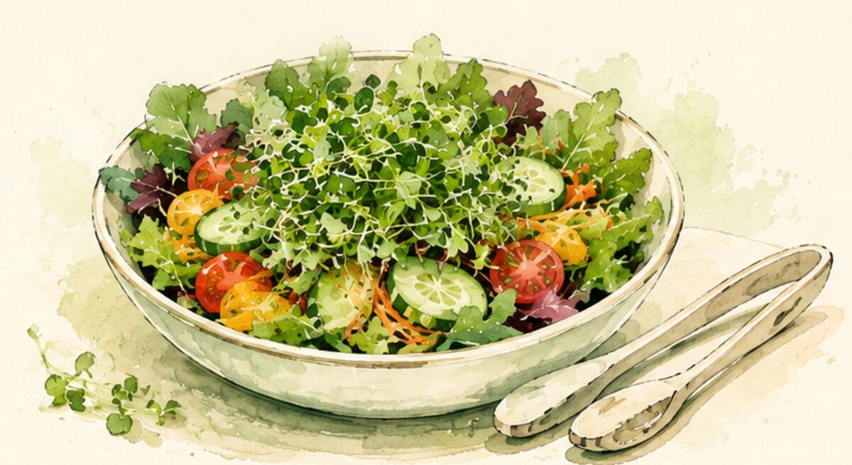 A fresh salad bowl topped with a handful of green microgreens