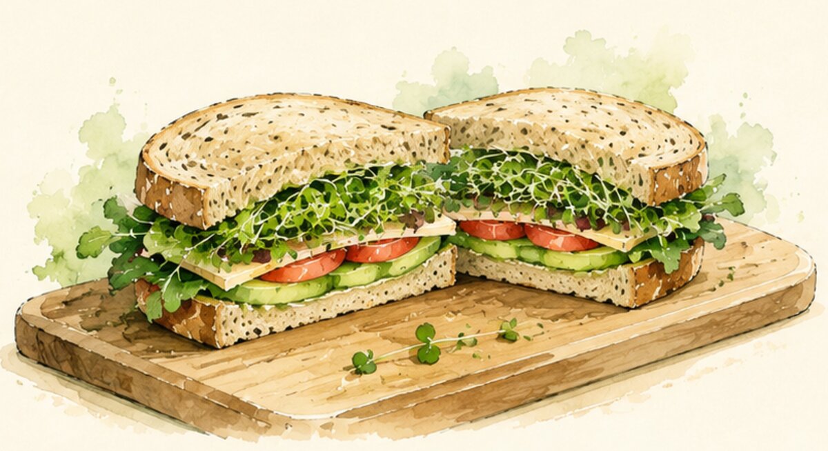 A halved sandwich showing a layer of fresh green microgreens inside