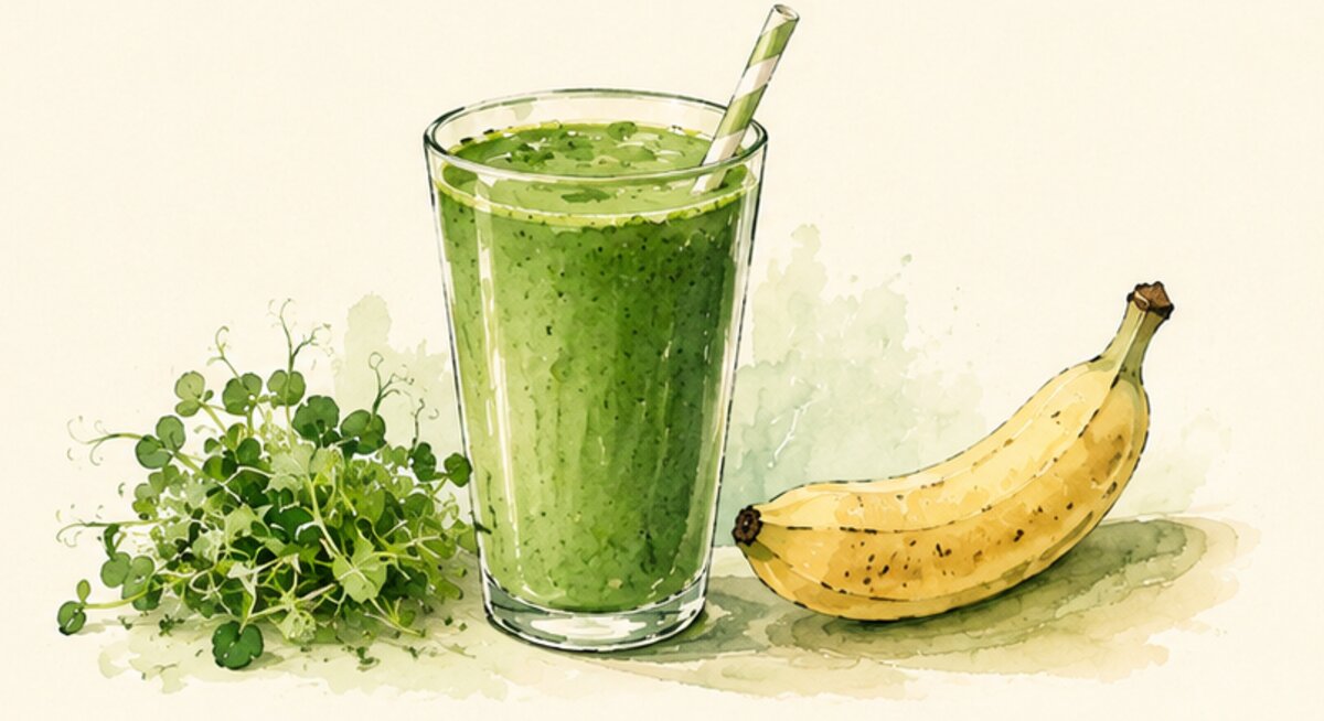 A tall green smoothie beside a handful of pea shoot microgreens and a banana