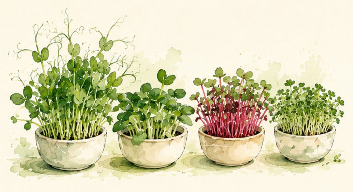 A row of small bowls of pea, sunflower, radish, and broccoli microgreens