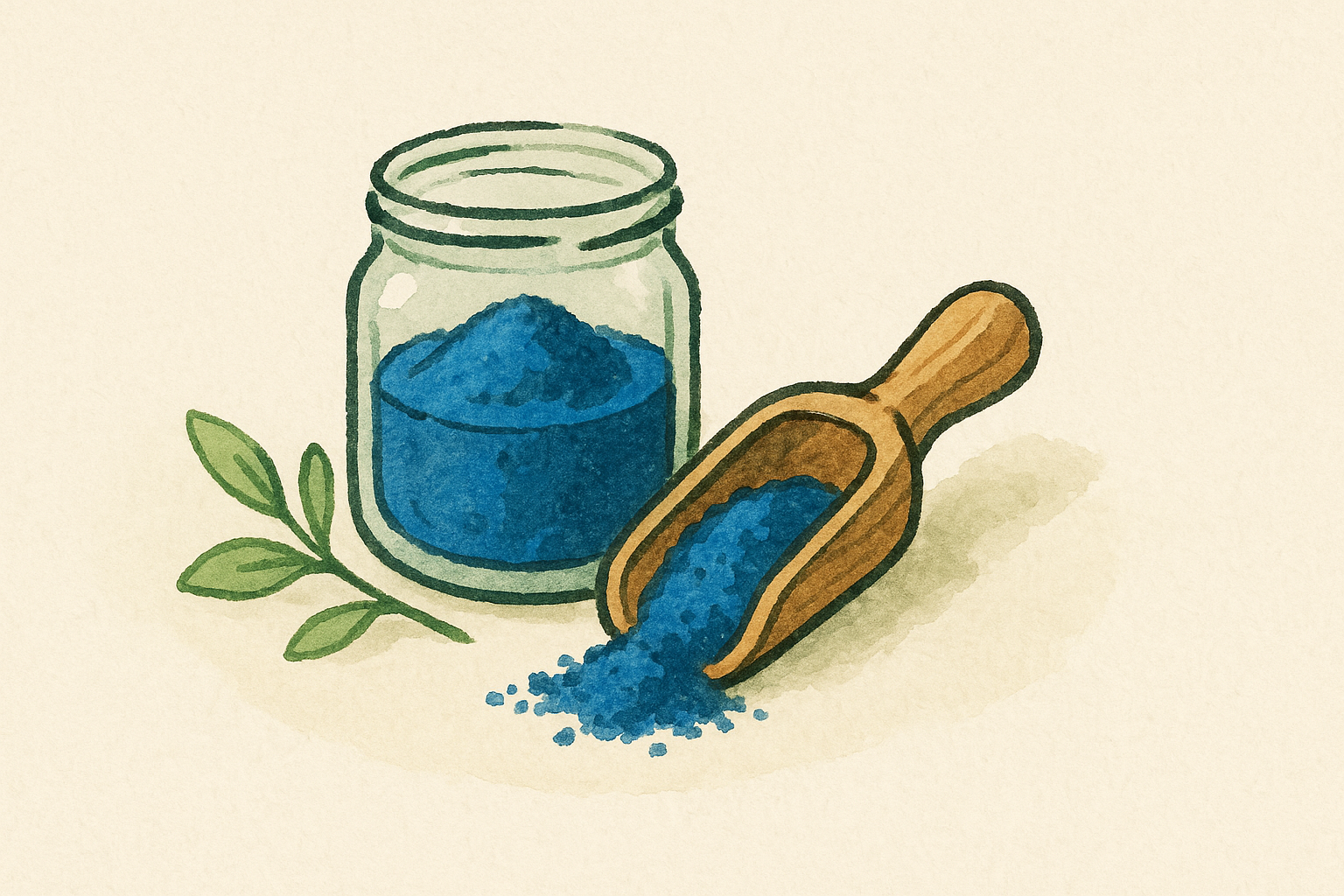 A glass jar and wooden scoop of blue spirulina powder