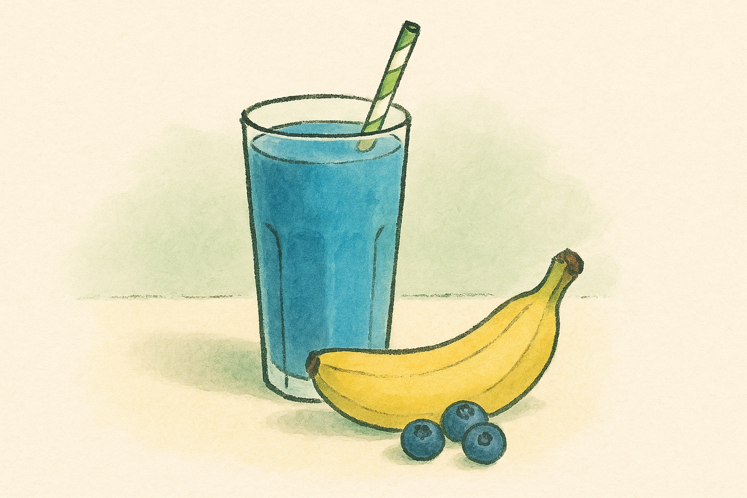 A tall glass of bright blue spirulina smoothie with fruit