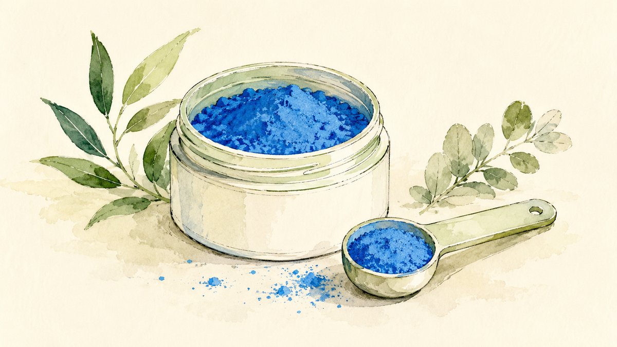 An open tub of blue spirulina powder with a level measuring spoon beside it