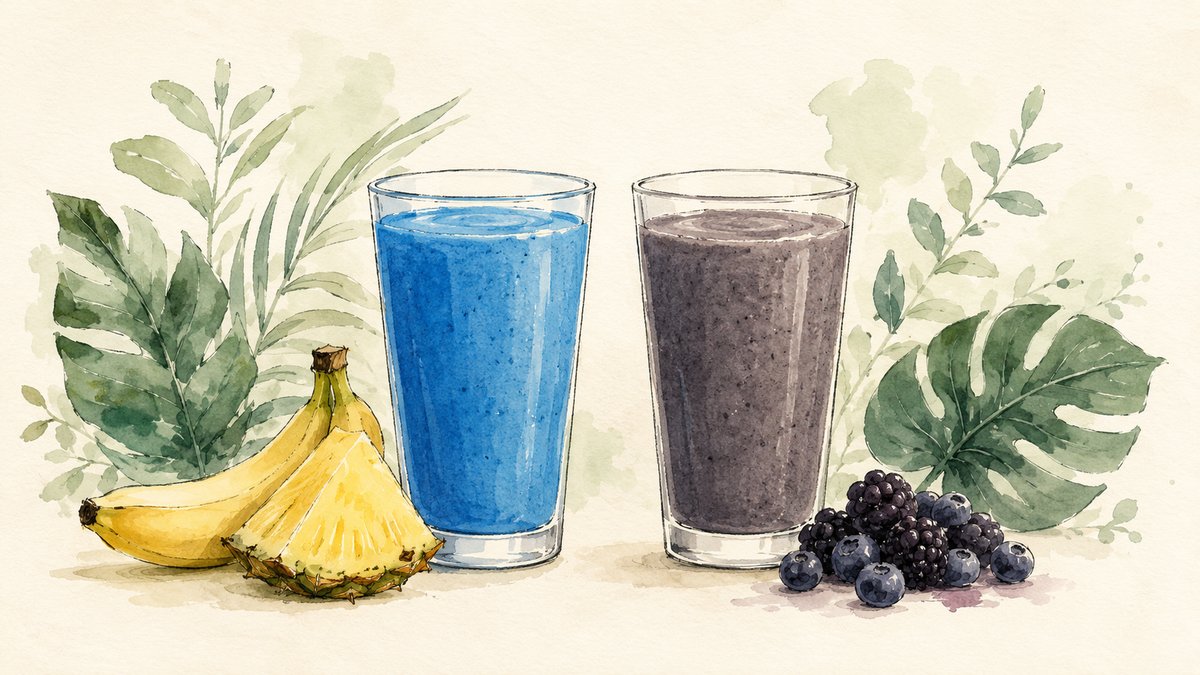 Two smoothies side by side, one bright blue and one grey from dark berries