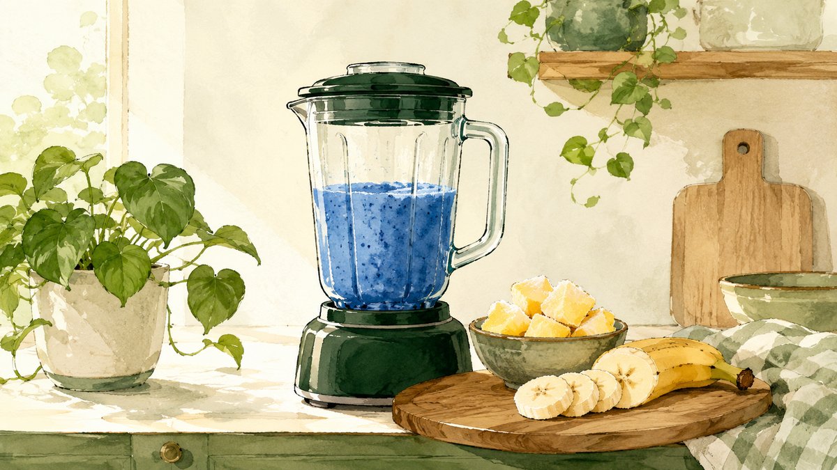A kitchen counter with a blender full of blue smoothie, frozen pineapple, and banana