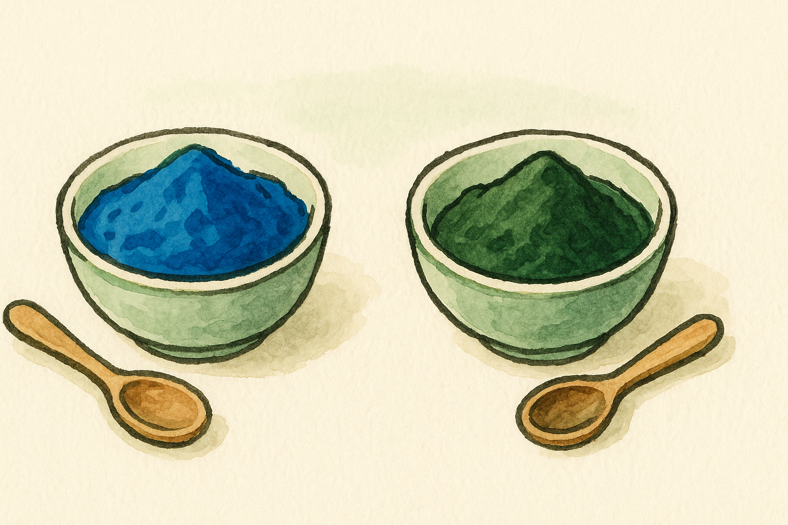 Bowls of blue and green spirulina powder side by side