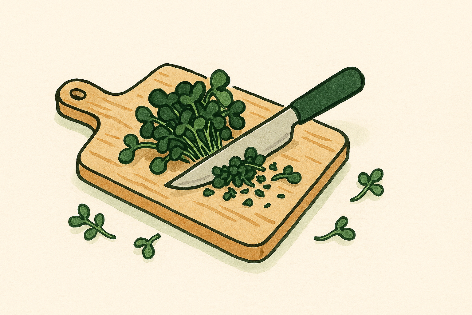 Fresh broccoli microgreens being chopped on a wooden board