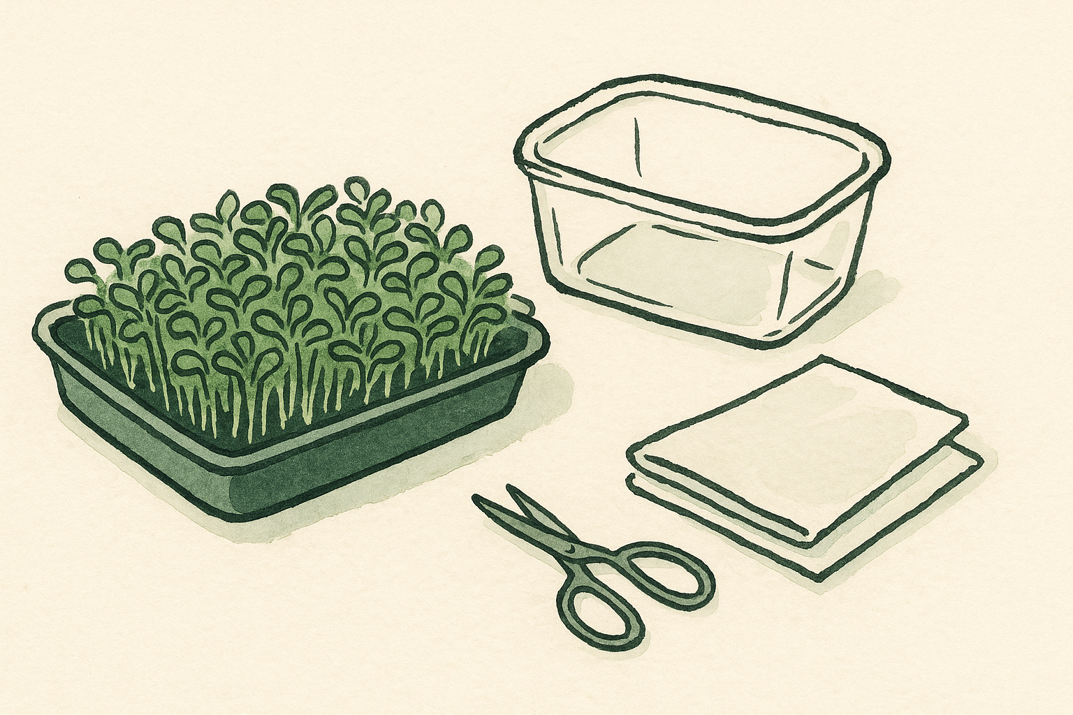 A tray of broccoli microgreens beside a glass storage container and a paper towel