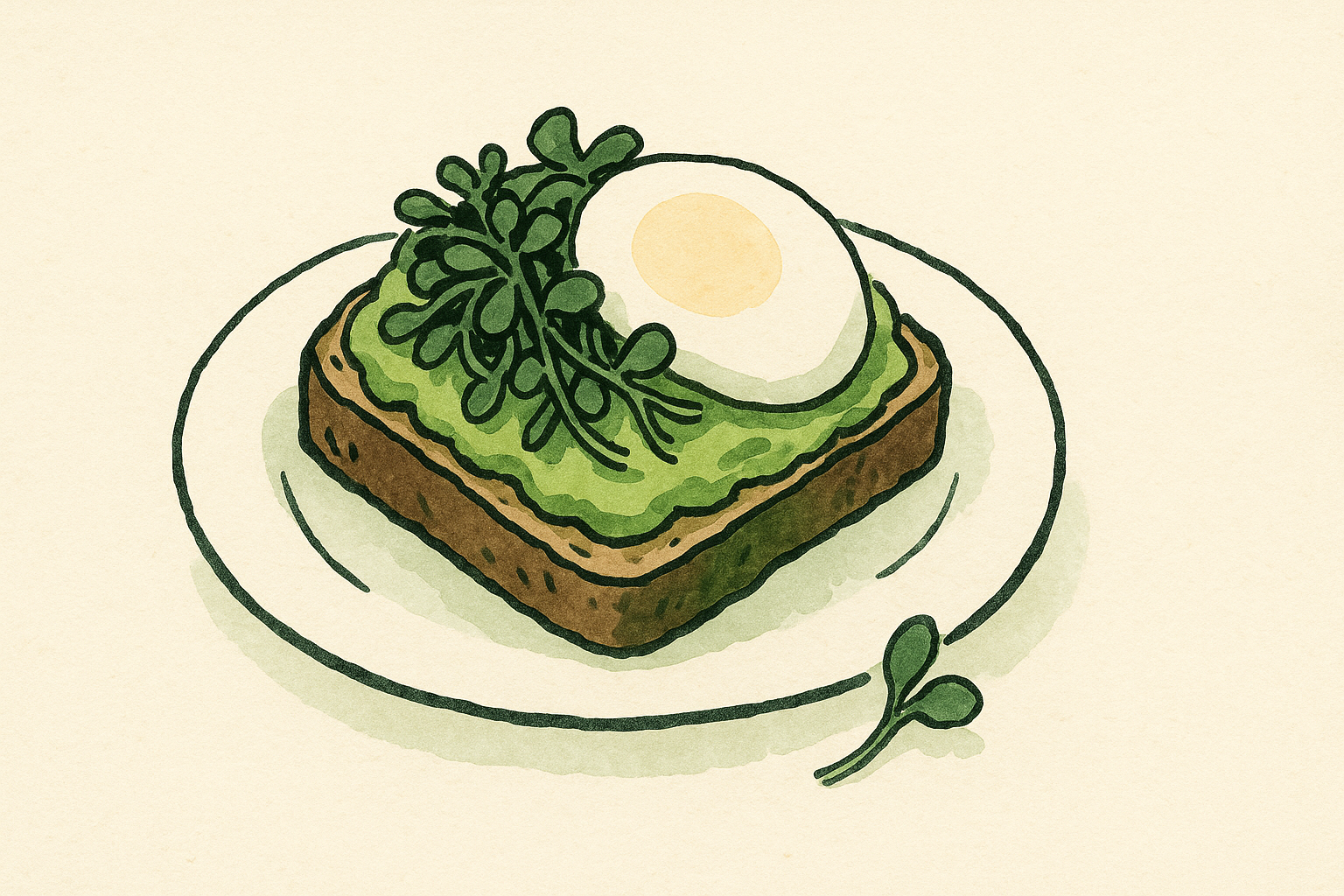 Avocado toast topped with broccoli microgreens and a soft egg