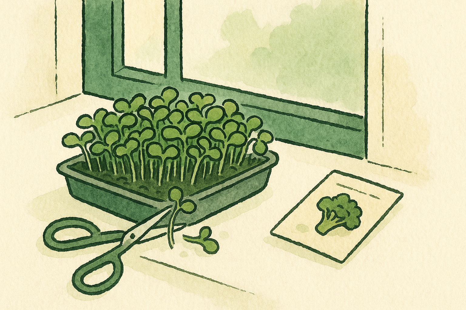 A tray of broccoli microgreens on a sunny windowsill being snipped with scissors