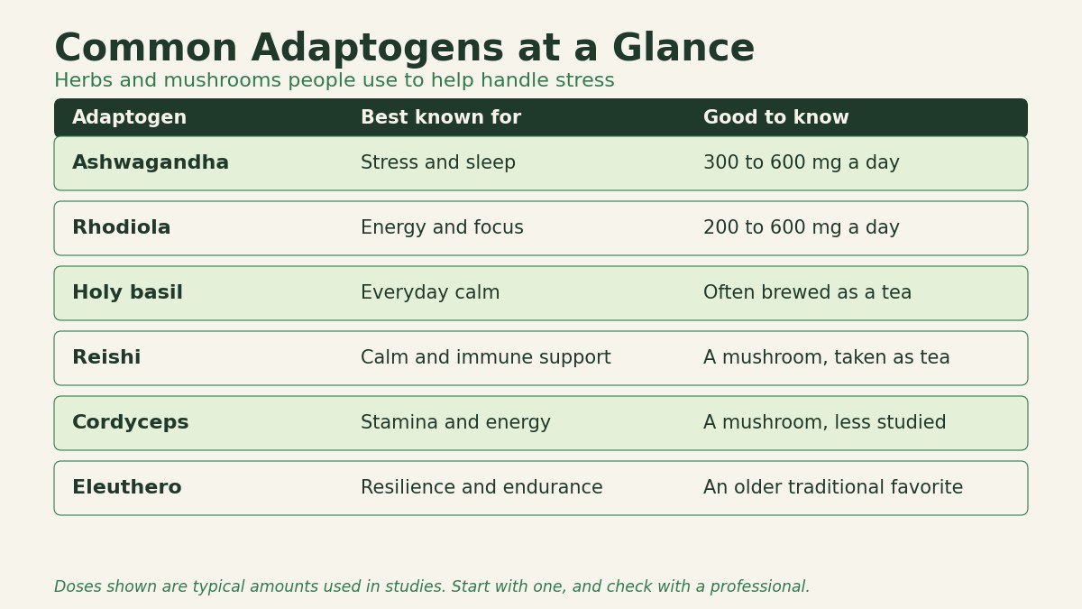 a friendly chart comparing common adaptogens and what people use them for