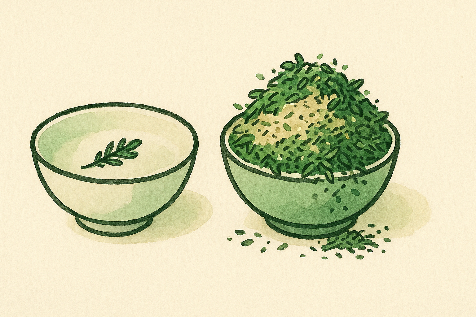 two bowls side by side, one with a single herb and one crowded with many mixed herbs