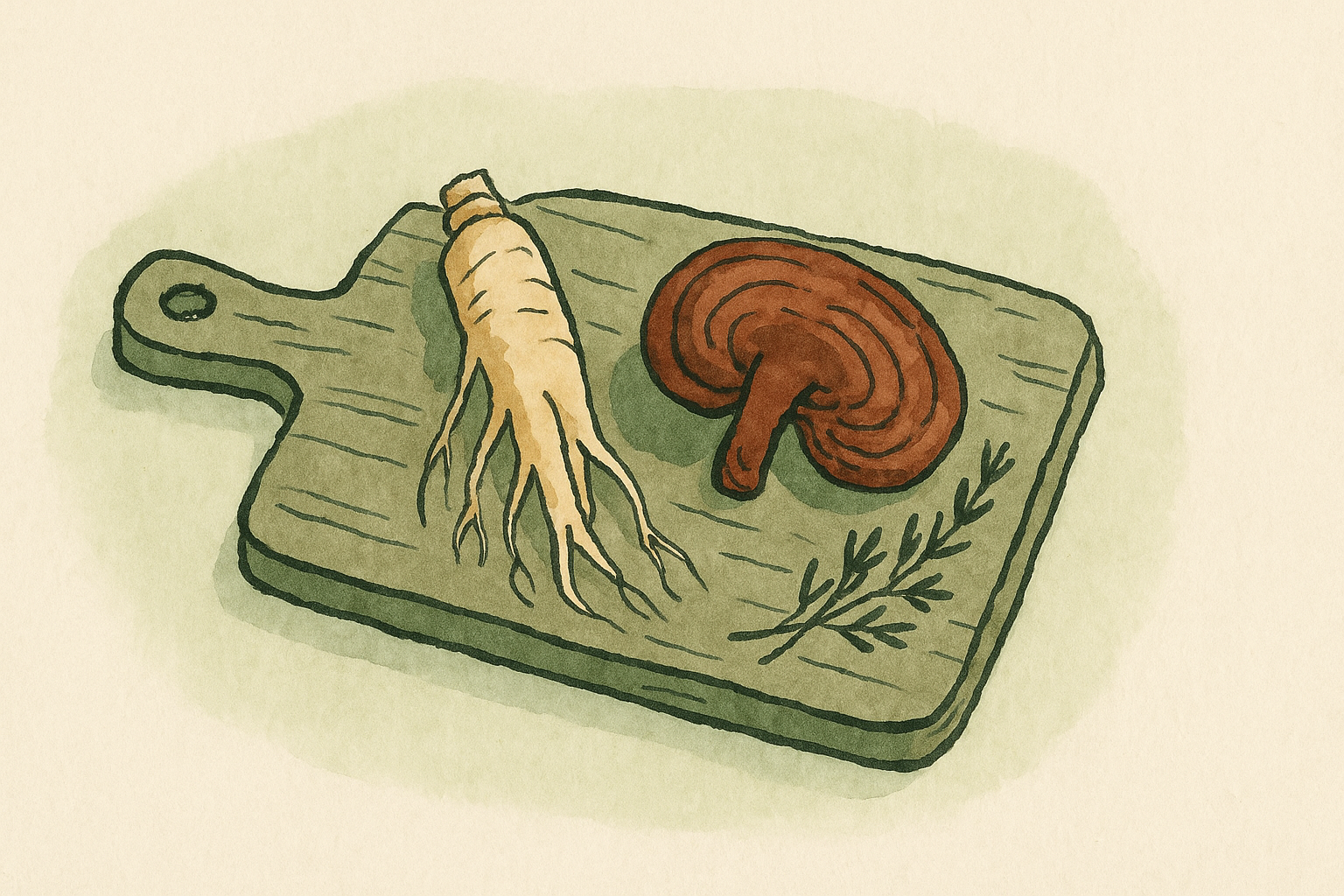 a whole ginseng root, a reishi mushroom, and dried herb sprigs on a wooden board