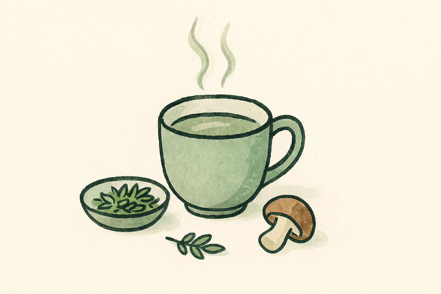 a warm mug of herbal tea with steam beside a small dish of dried herbs and a mushroom