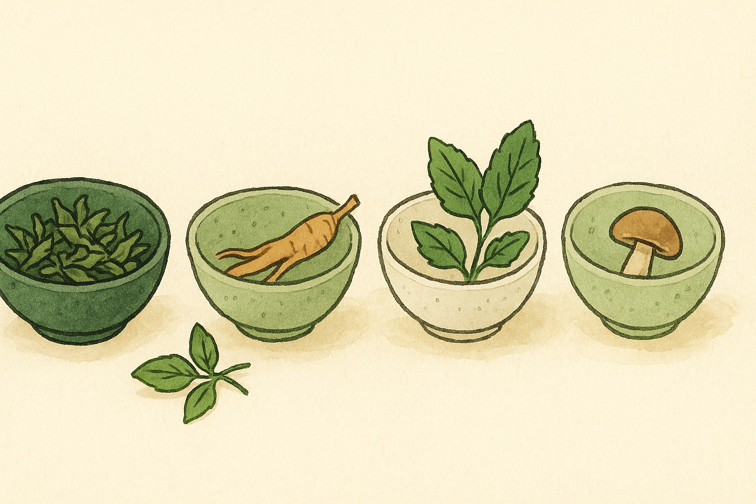 a soft row of small bowls each holding a different dried adaptogen herb or mushroom