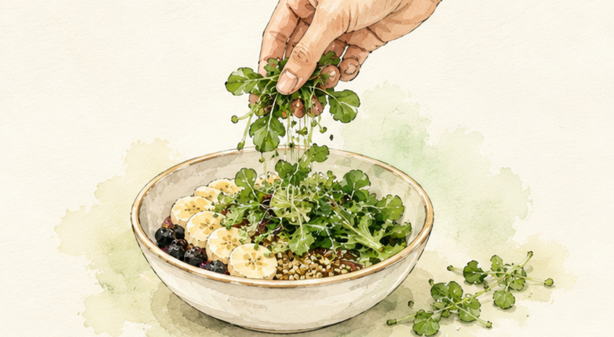 A hand adding a handful of fresh greens to a breakfast bowl
