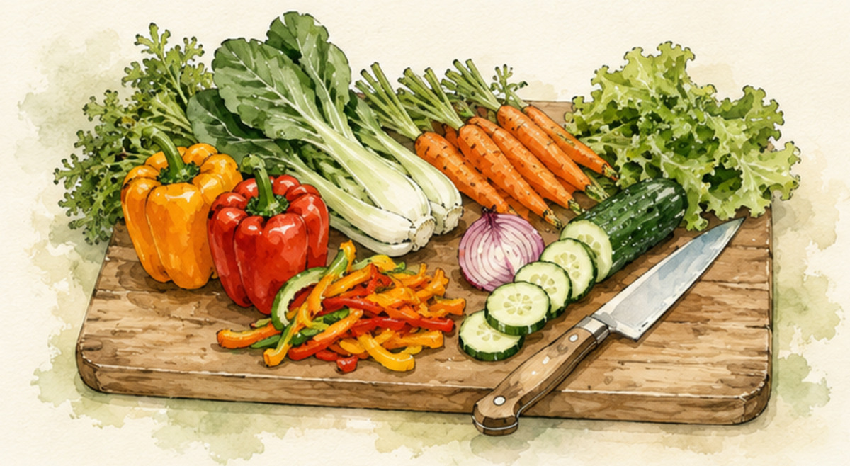 A wooden board of fresh colorful vegetables being sliced