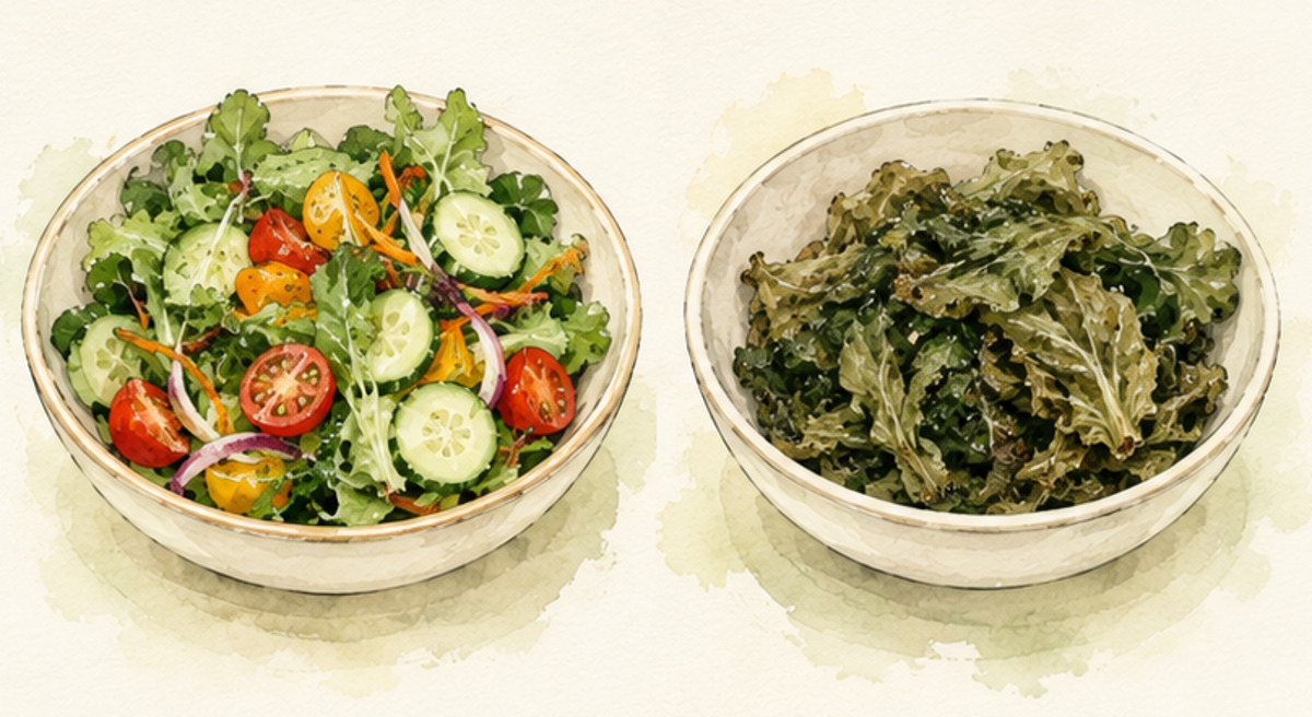 Two bowls compared, one fresh vegetable salad and one wilted greens