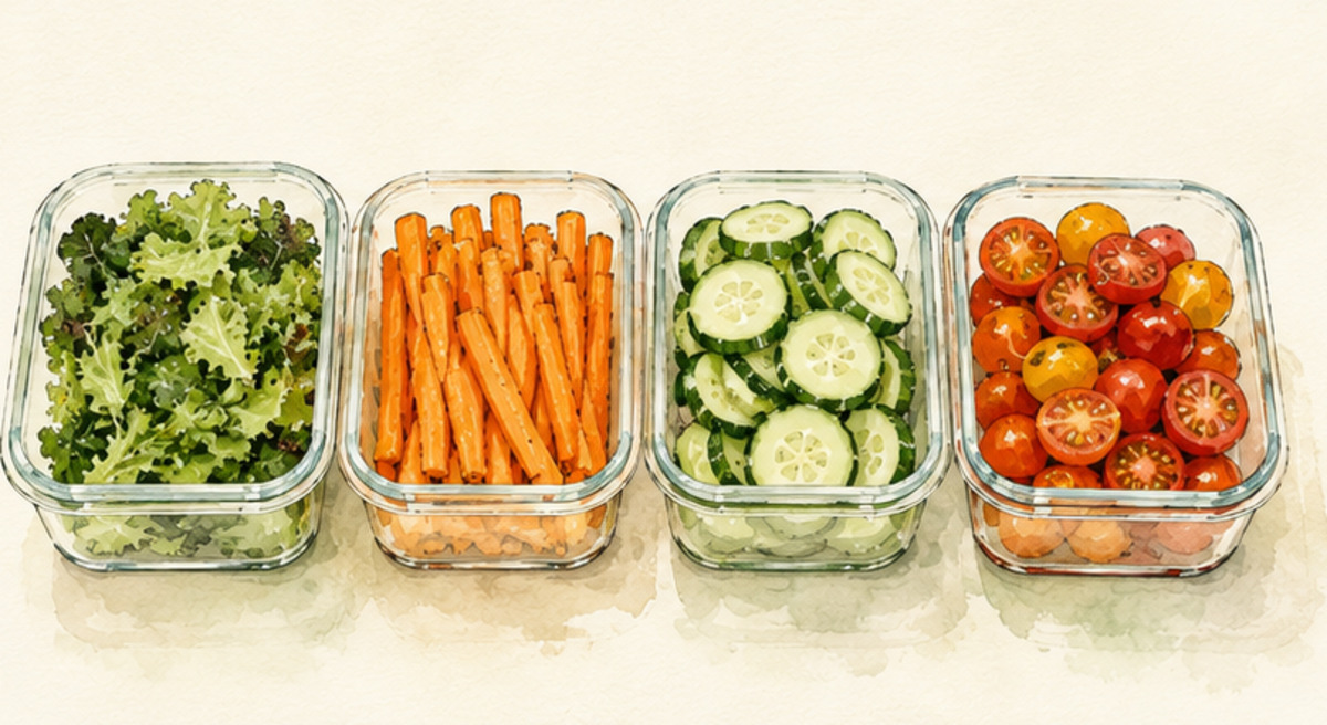 Clear glass containers of washed chopped vegetables ready to grab