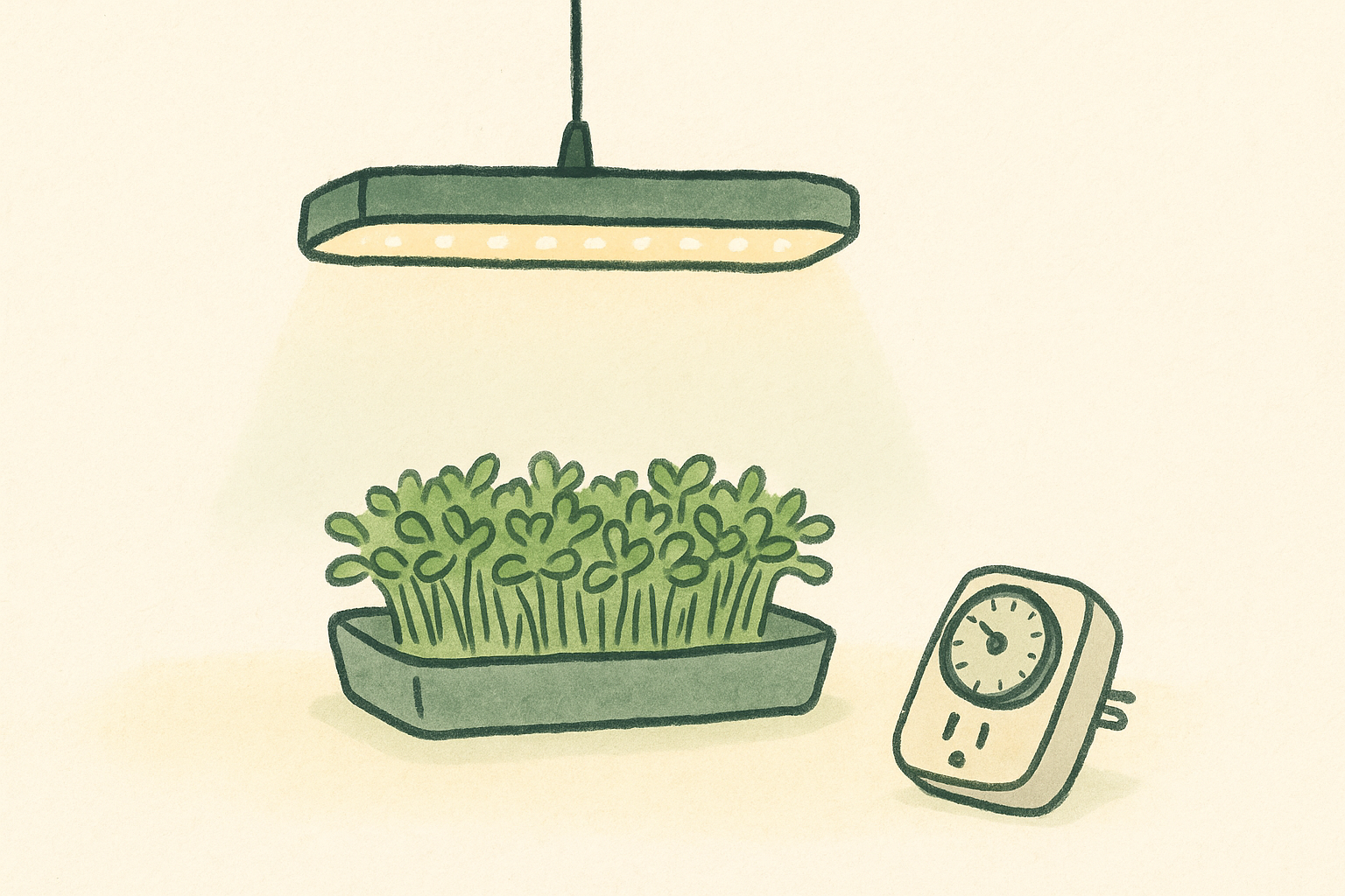 A slim LED grow light panel glowing above a tray of fresh green microgreens with a small timer plug nearby