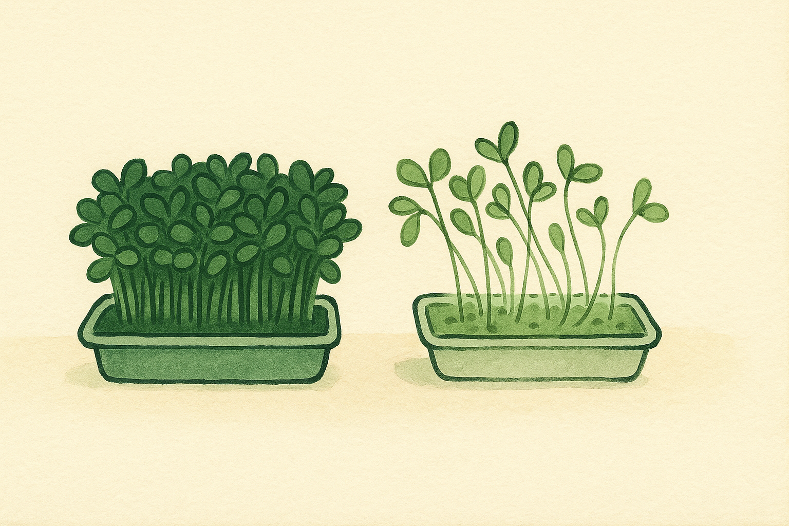Two trays of microgreens side by side, one lush green and upright, the other pale thin and leggy