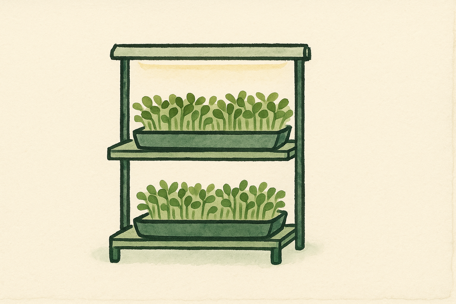 Two trays of fresh green microgreens on a shelf under a glowing LED grow light bar