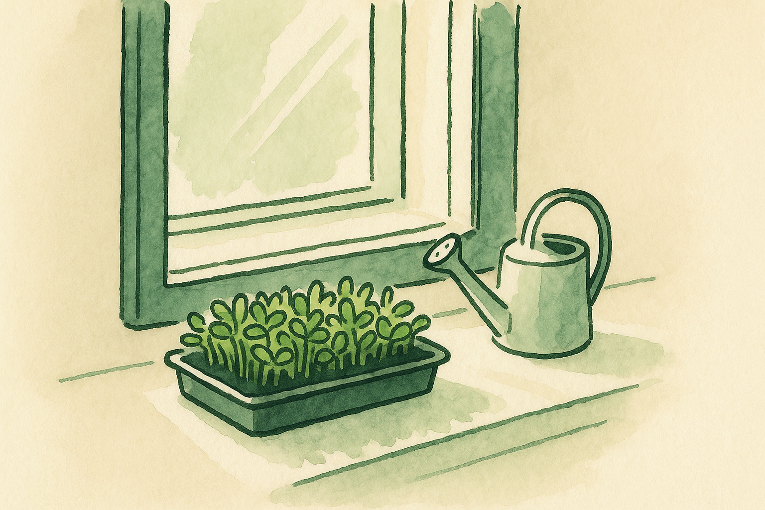 A tray of fresh green microgreens on a sunny windowsill with a small watering can beside it