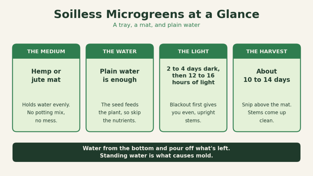 A chart showing the mat, the water, the light, and the harvest timing for soilless microgreens