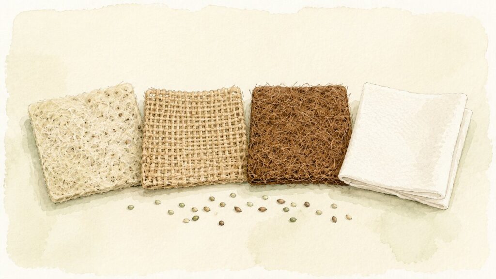 Four growing mats side by side, hemp, jute, coconut coir, and a paper towel